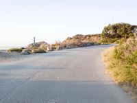 an empty road in the desert with no traffic on it, on the beach with many shrubs