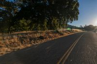 an empty road is seen through the lens of a car in motion down the side of the road