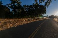 an empty road is seen through the lens of a car in motion down the side of the road