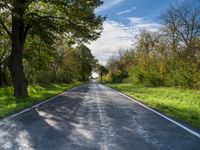 an empty road with trees and bushes in the foreground while it is almost empty