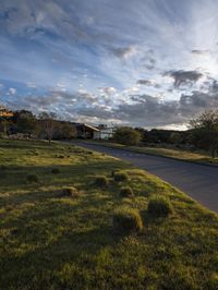 an empty road and green grass on a cloudy day in the suburbs of an urban area