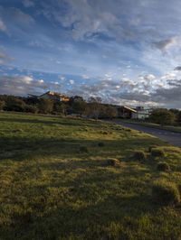 an empty road and green grass on a cloudy day in the suburbs of an urban area