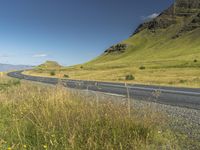 an empty road passing through the mountains with yellow flowers in a grassy field, on a clear day