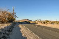 a empty street in the middle of a barren plain with dry grass growing beside it