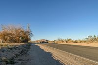 a empty street in the middle of a barren plain with dry grass growing beside it