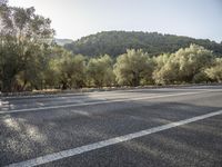 the empty road is lined with trees and mountains in the background there are lots of trees and hills