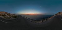 three different views of an empty road near the sea at night and the moon rising over the ocean