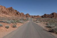 an empty road going through some rocky hills and desert in the background are sparse bushes