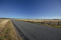 a empty road runs through an open grassy area to the horizon, as clouds above a fence