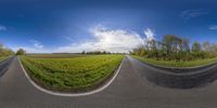 an empty road with an upside down view looking at two lanes on the right side of it