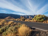 a empty road in the desert surrounded by vegetation and trees along with mountains in the background