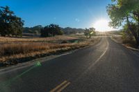 a long empty road leading into a grassy field at sunset time with trees and sun reflecting