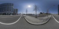 the street is empty with no cars and no traffic to go by it, as in this 360 - view from an angle