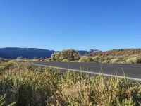 an empty road in a valley surrounded by green vegetation and mountains with a blue sky