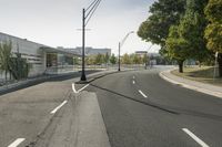 a empty road with street lamps along the side of it that are green trees and some building on both sides