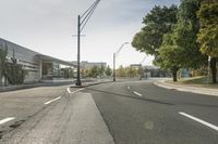 a empty road with street lamps along the side of it that are green trees and some building on both sides