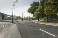 a empty road with street lamps along the side of it that are green trees and some building on both sides