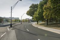 a empty road with street lamps along the side of it that are green trees and some building on both sides