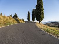 an empty road in the countryside with trees and grass on either side of it with no cars going