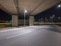 the empty road is under a very overpass that has an overhead lamp beside it