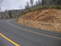 an empty road winds down the slope near some woods and mountains with yellow lines on it