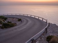 an empty roadway on a cliff overlooking the ocean at sunset with a bird flying over the edge