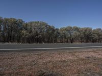 an empty highway with grass on the side and two cars parked behind it with trees in the background