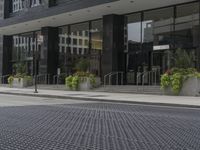 an empty sidewalk and sidewalking with plants in planters on the side and side