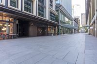 empty sidewalk in front of office buildings in the city of london, england at dusk