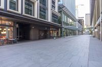 empty sidewalk in front of office buildings in the city of london, england at dusk