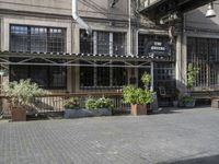 an image of a sidewalk outside of a restaurant that is very empty with windows and lots of plants