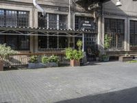 an image of a sidewalk outside of a restaurant that is very empty with windows and lots of plants