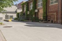 an empty sidewalk between two brick buildings and a paved sidewalk in the foreground, with trees and plants