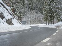 the road is very slippery and empty on a snowy day near a pine tree lined mountain