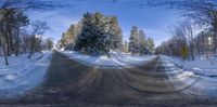 a long empty snowy road with a pine tree in the corner of it and a few thick snow around