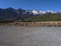 an empty stone field with snow capped mountains in the background on a clear day with a blue sky and some green bushes