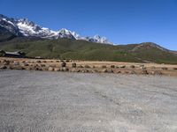 an empty stone field with snow capped mountains in the background on a clear day with a blue sky and some green bushes