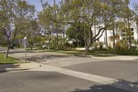 empty street with palm trees on either side of the road with residential buildings in the background