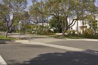 empty street with palm trees on either side of the road with residential buildings in the background