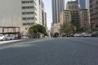 the street is empty except for traffic and trees in the area of the city,