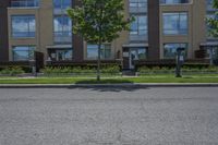 an empty street next to a residential building in canada, with tall windows, trees and flowers in front