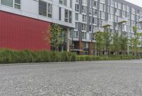 an empty street with cars parked next to a tall building on the opposite side of it