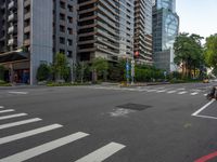 this is an image of an empty street corner that shows cars and people on it