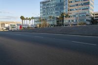 an empty street near a high rise building in california, usa and palm trees on the side