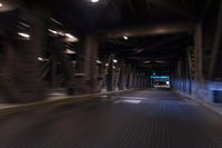 an empty street and a highway with a truck on it at night time with motion blur