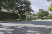 a empty street that leads into some homes with trees on either side of the street