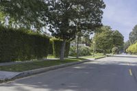 a empty street that leads into some homes with trees on either side of the street