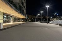 the empty asphalted street is lit up by low light posts and lamps in the background