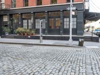 an empty street lined with plants and bushes on the sidewalk outside a building with many windows