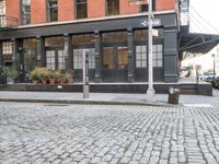 an empty street lined with plants and bushes on the sidewalk outside a building with many windows